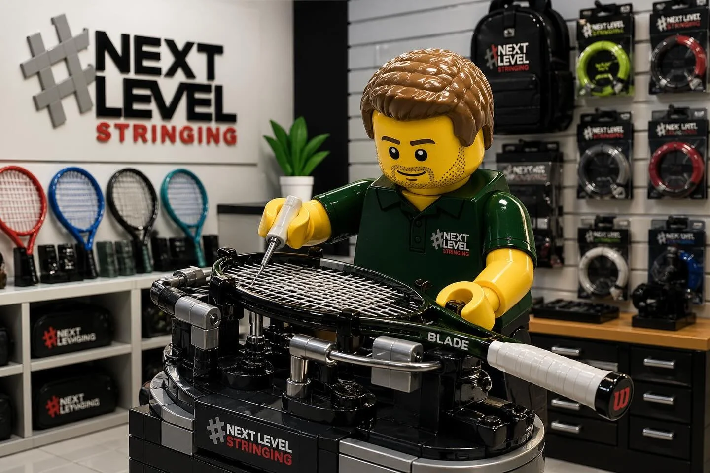 🎾 Meet the man behind the strings&hellip; in LEGO form 😎🧱
This is Drew Violette&mdash;owner of Next Level Stringing and our Master Racquet Technician.
Drew strings racquets for everyone from everyday players just looking to level up their game&hel