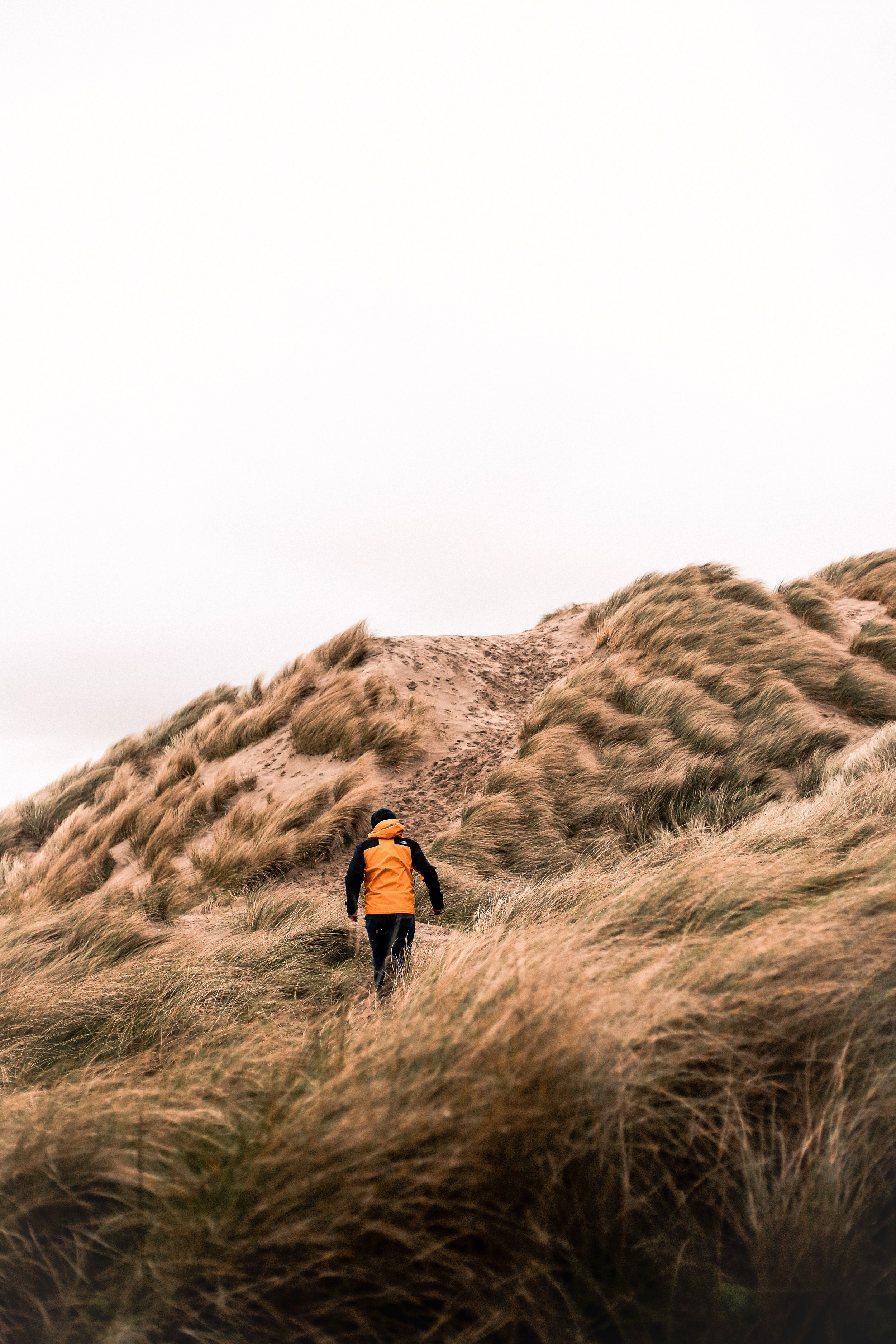 A person hiking up sandy, grassy dunes under an overcast sky, wearing an orange and black jacket.