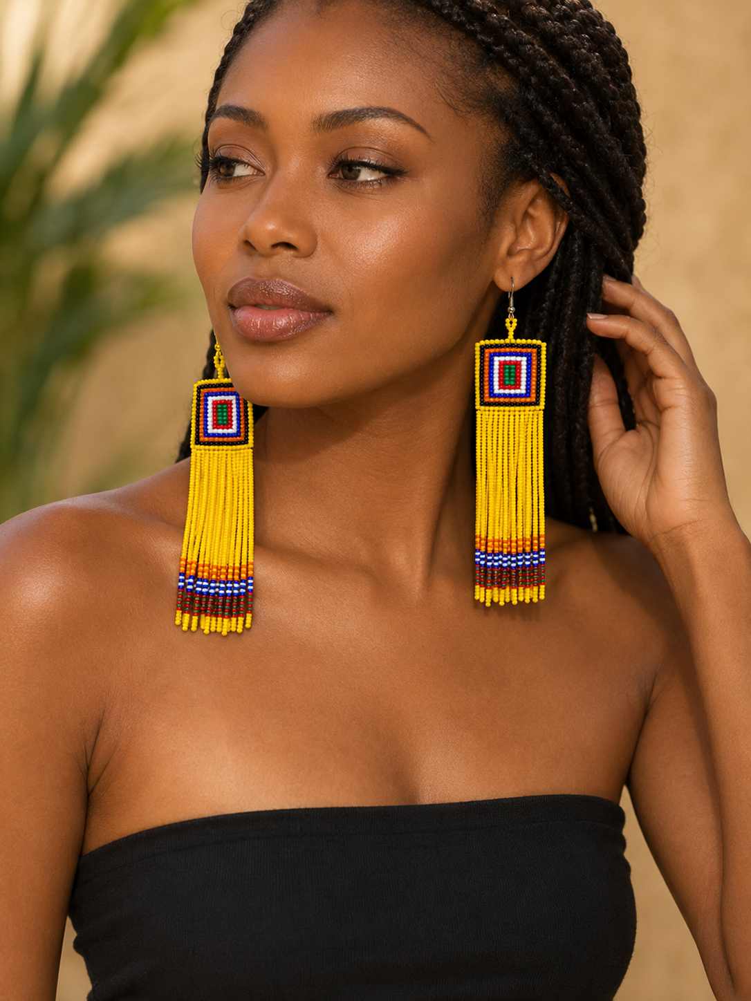 Handcrafted African Beaded Fringe Earrings model.png