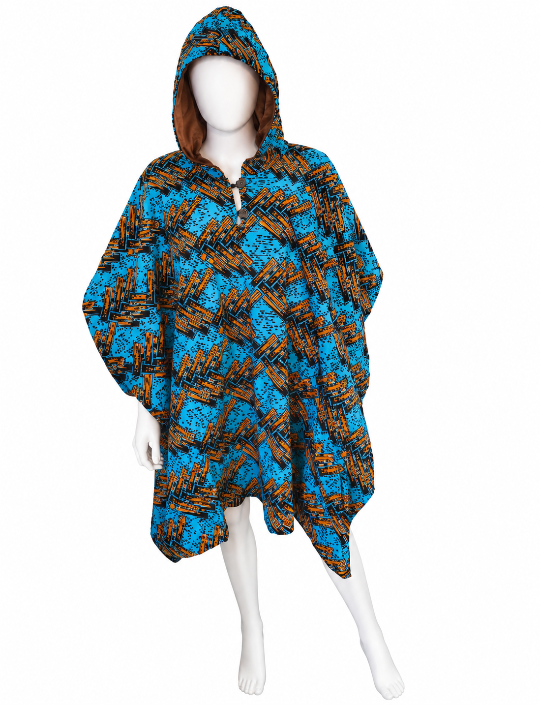 Turquoise & Rust African Print Hooded Poncho
