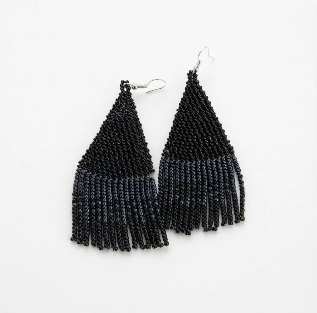 Black Beaded Fringe Earrings