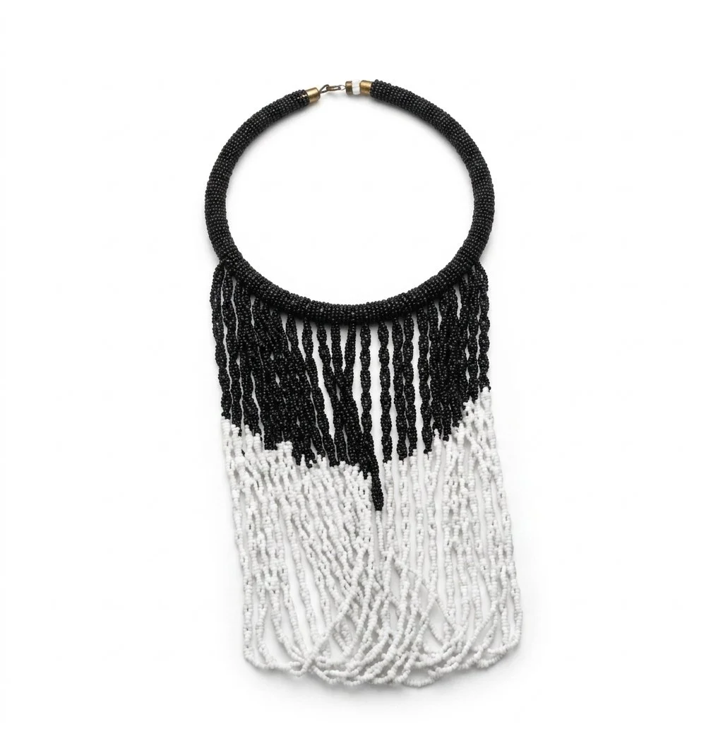 Black & White Beaded Fringe Necklace