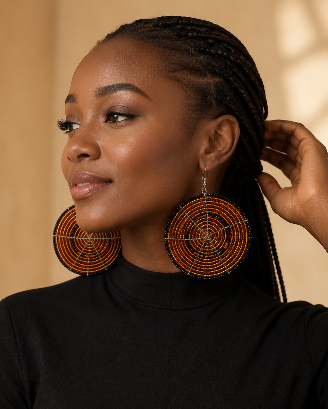 Gold & Black Beaded Disc Earrings model.png
