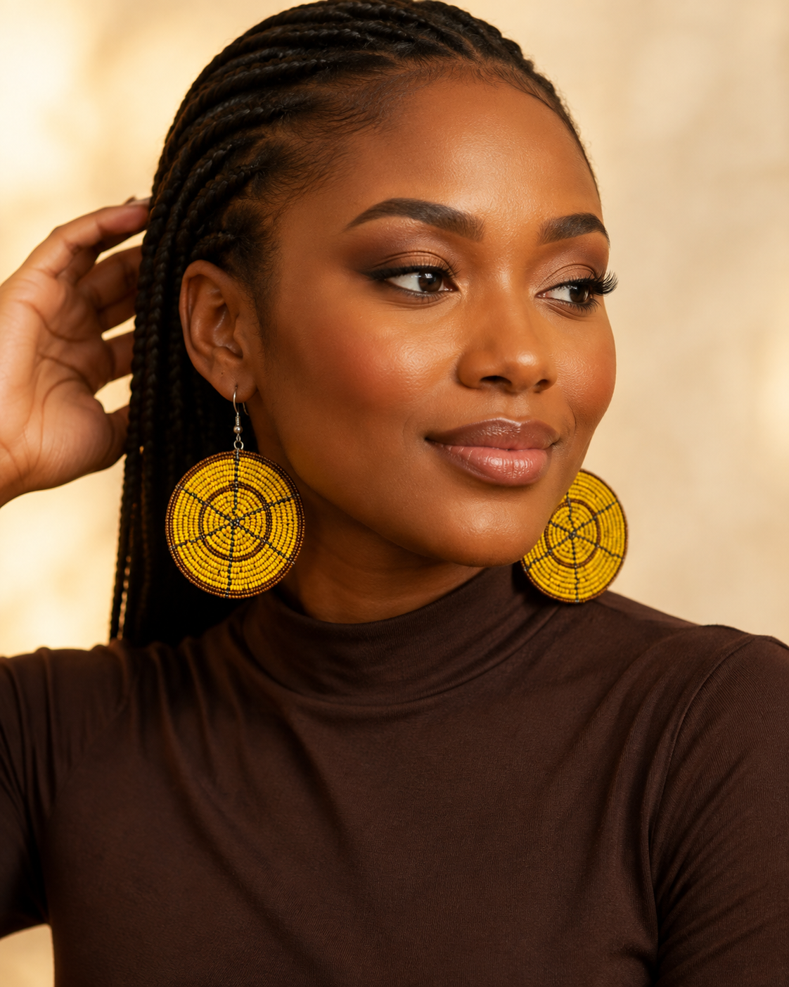 Yellow Beaded Disc Earrings model.png