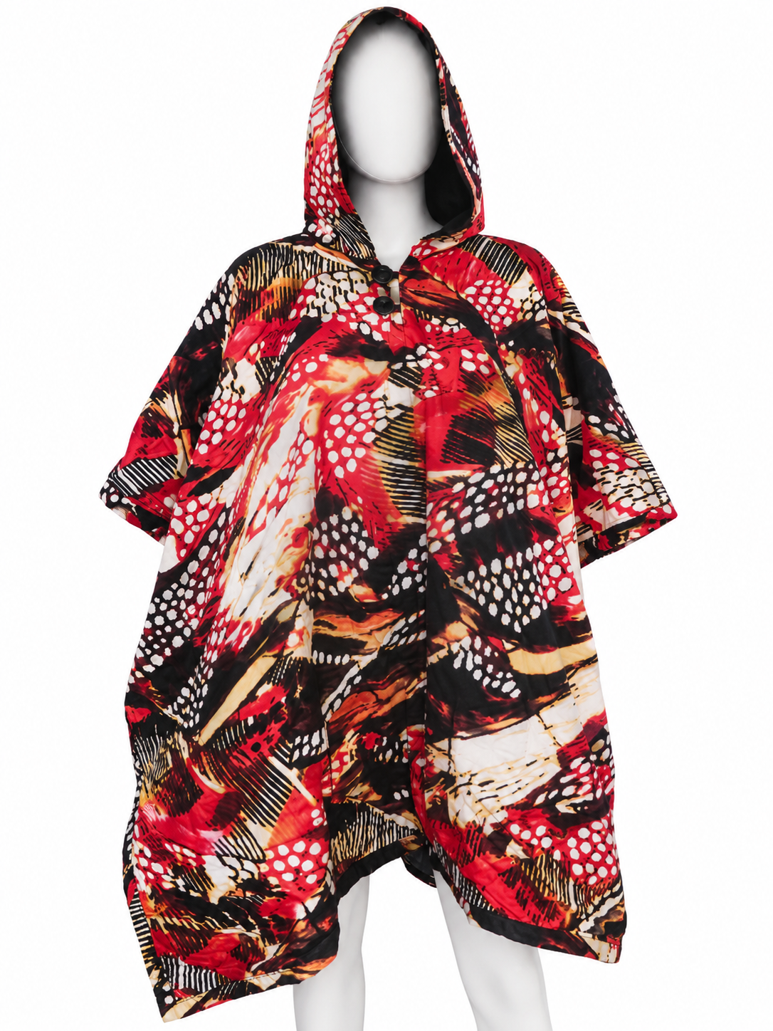 Red & Black African Print Hooded Poncho