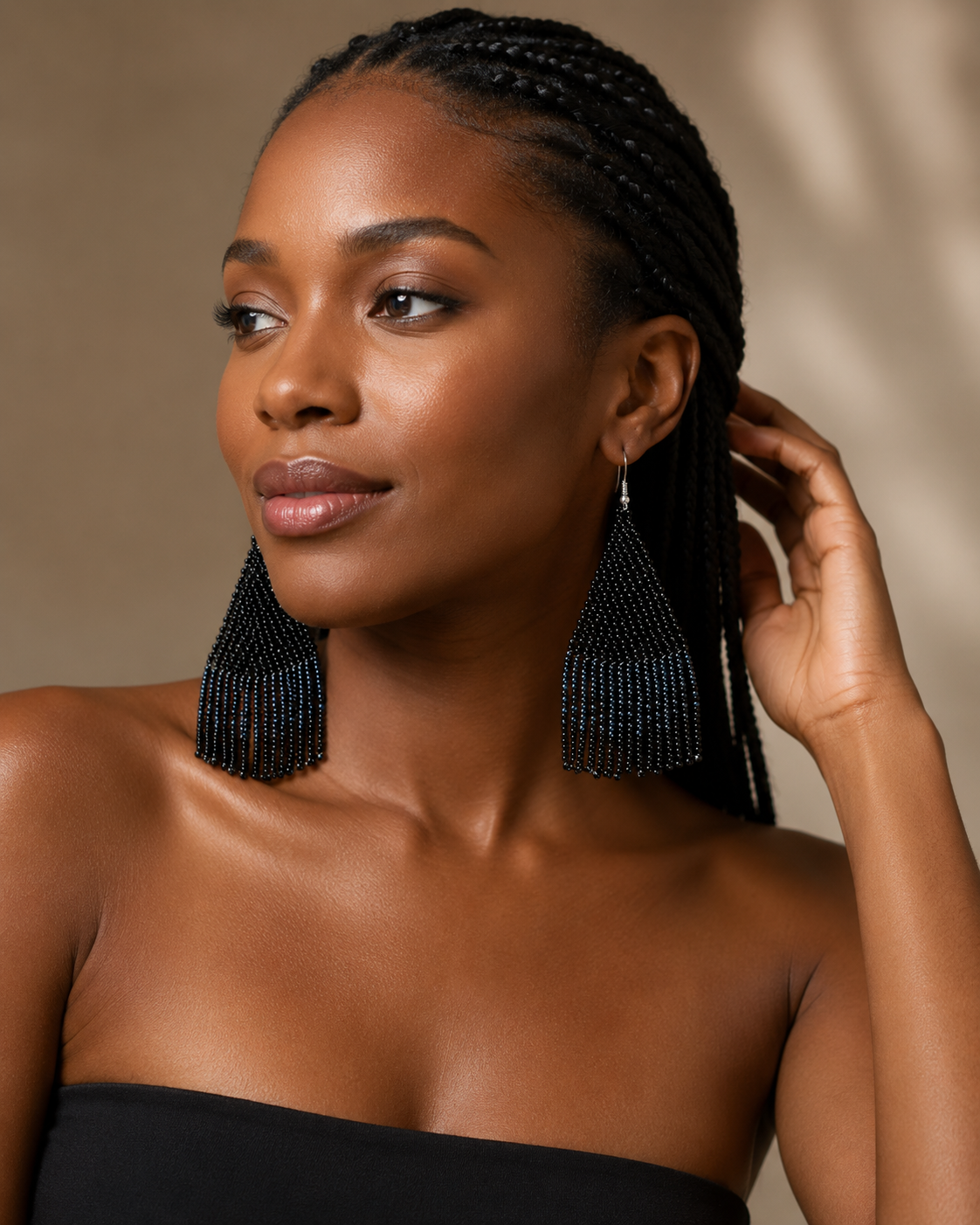 Black Beaded Fringe Earrings Model.png