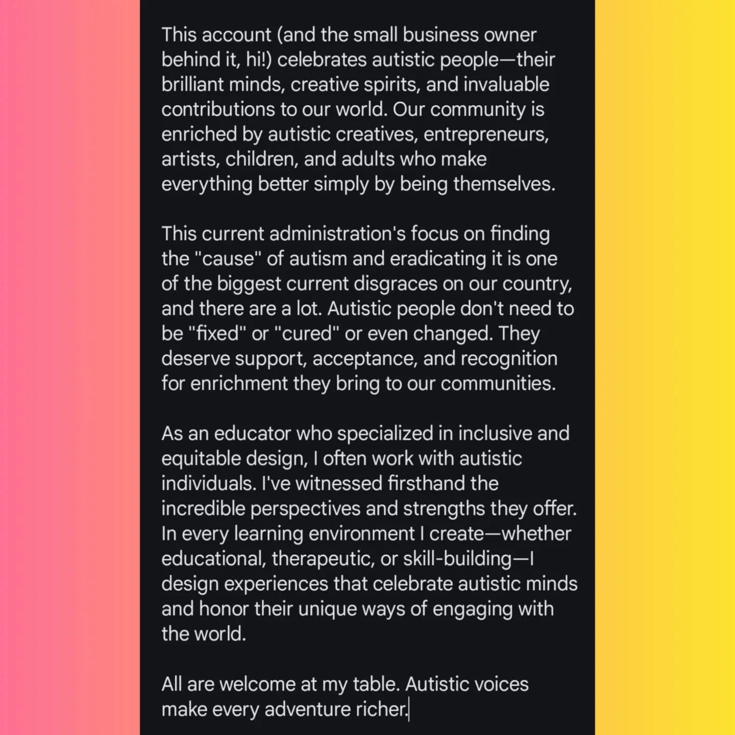 I can't believe I even feel the need to say this, but I want to make crystal clear y'all are safe here, and I'll never stop holding up space where you can just exist as you are. 
It's not Tylenol. It's not vaccines. Both are incredibly useful tools
