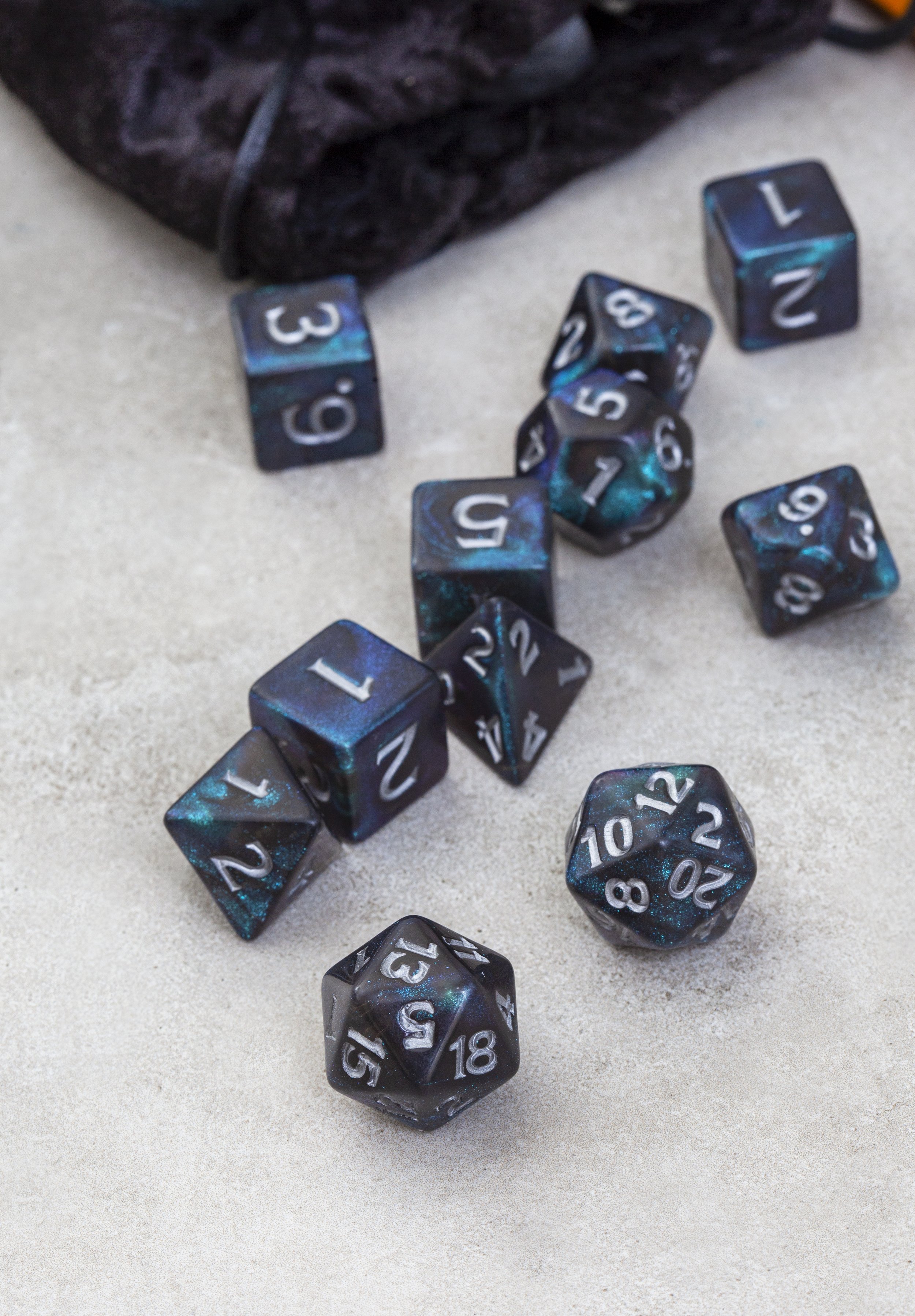 A set of blue polyhedral dice