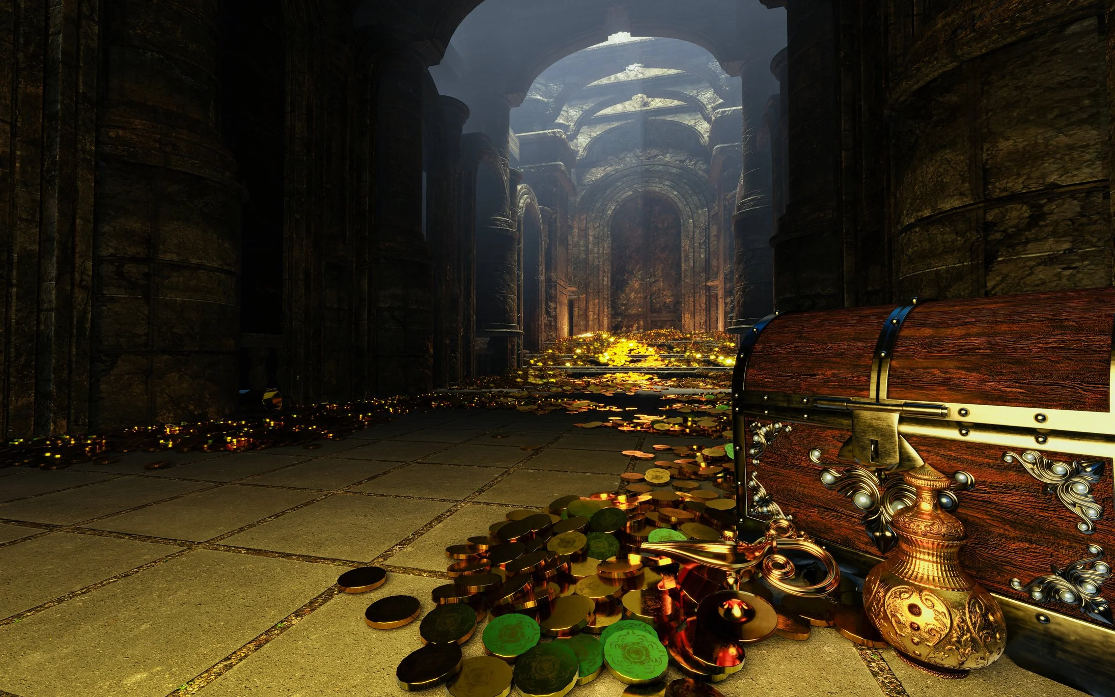 A dungeon filled with loot and treasure. Gold coins litter the floor and a treasure chest stands prominently in the foreground.