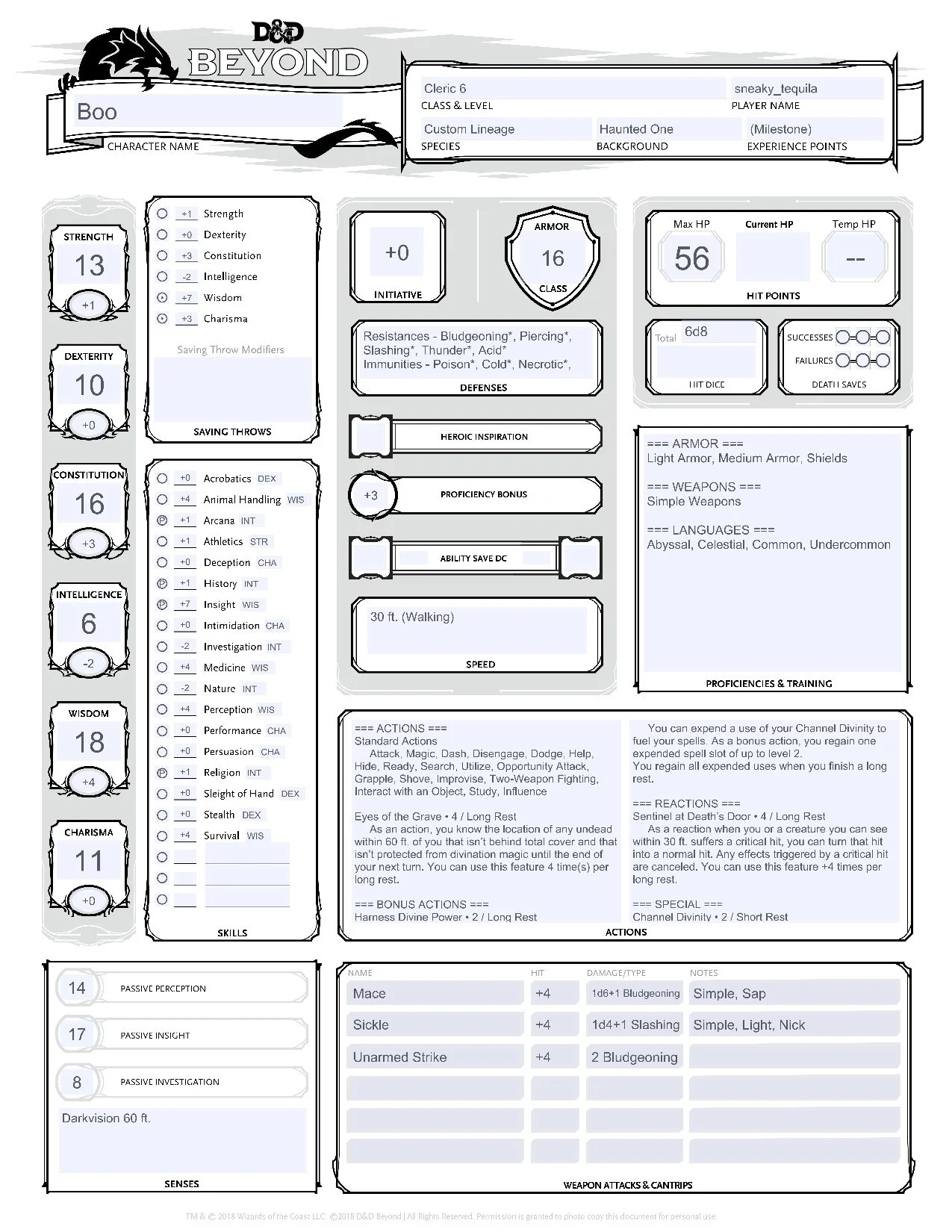 Boo's Character Sheet, Page 1
