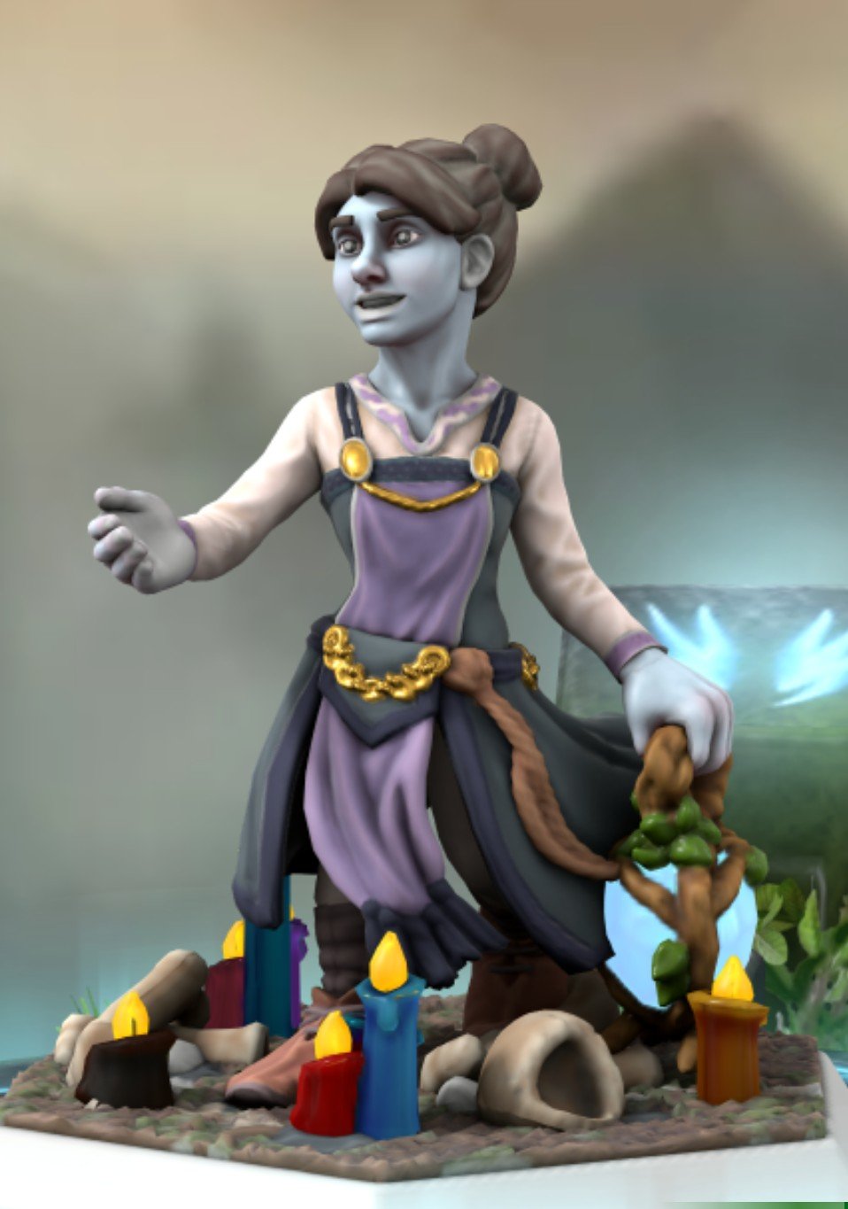 A miniature figure of a young girl with blue skin. Her hair is in space buns, and she's wearing a colorful blue dress with a purple apron. In her hand, she's holding an ethereal lantern.