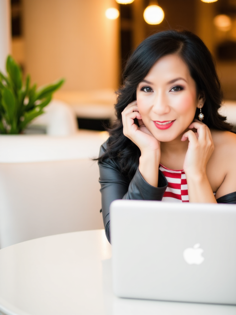 A woman with black hair, red lipstick, and earrings sitting at a table in front of a silver MacBook laptop, smiling at the camera with her head resting on her hand in a warmly lit indoor setting.