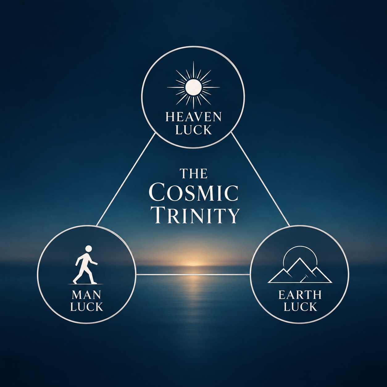 The Cosmic Trinity: a triangle diagram connecting three circles labeled Heaven Luck, Earth Luck, and Man Luck.