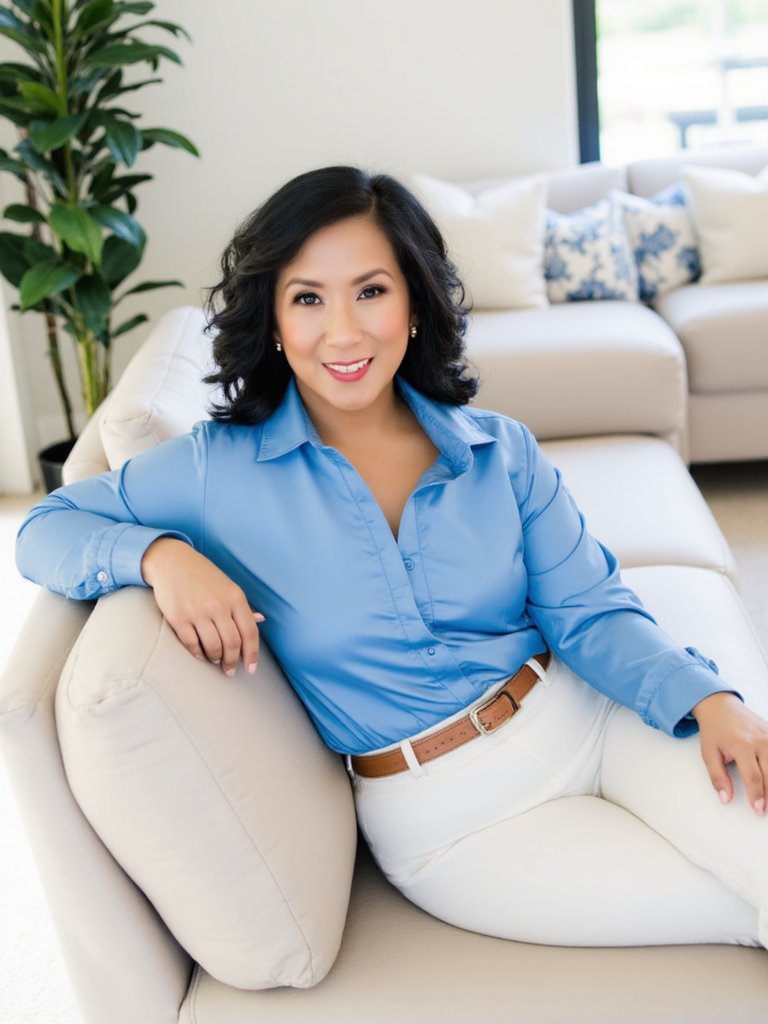 A woman with black, curly hair, wearing a blue button-up shirt and white pants with a brown belt, sitting on a cream-colored sofa in a bright living room.
