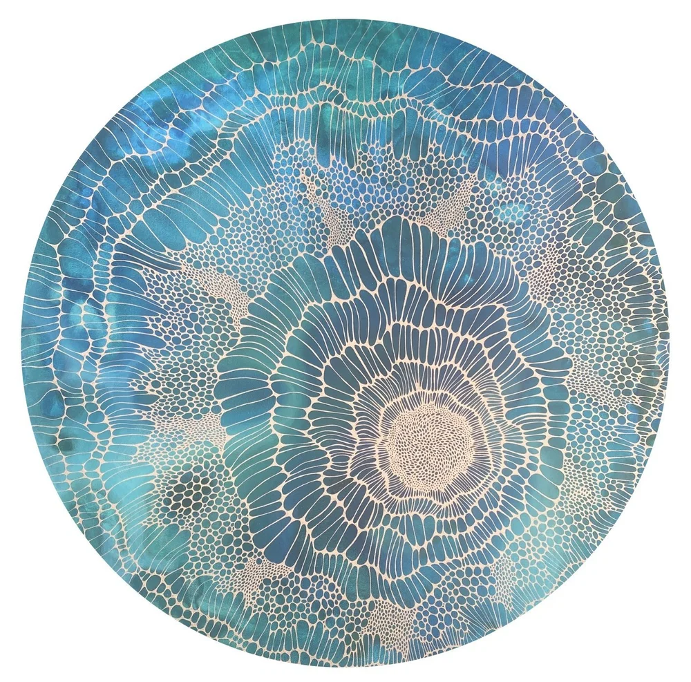 Diane Kazakis. From her to eternity. Acrylic and ink on canvas. 31.49” diameter