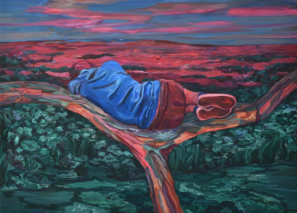 Anna Sobkowiak. The Traveling Companions. Acrylic on canvas. 39.4 x 55.1 inches.