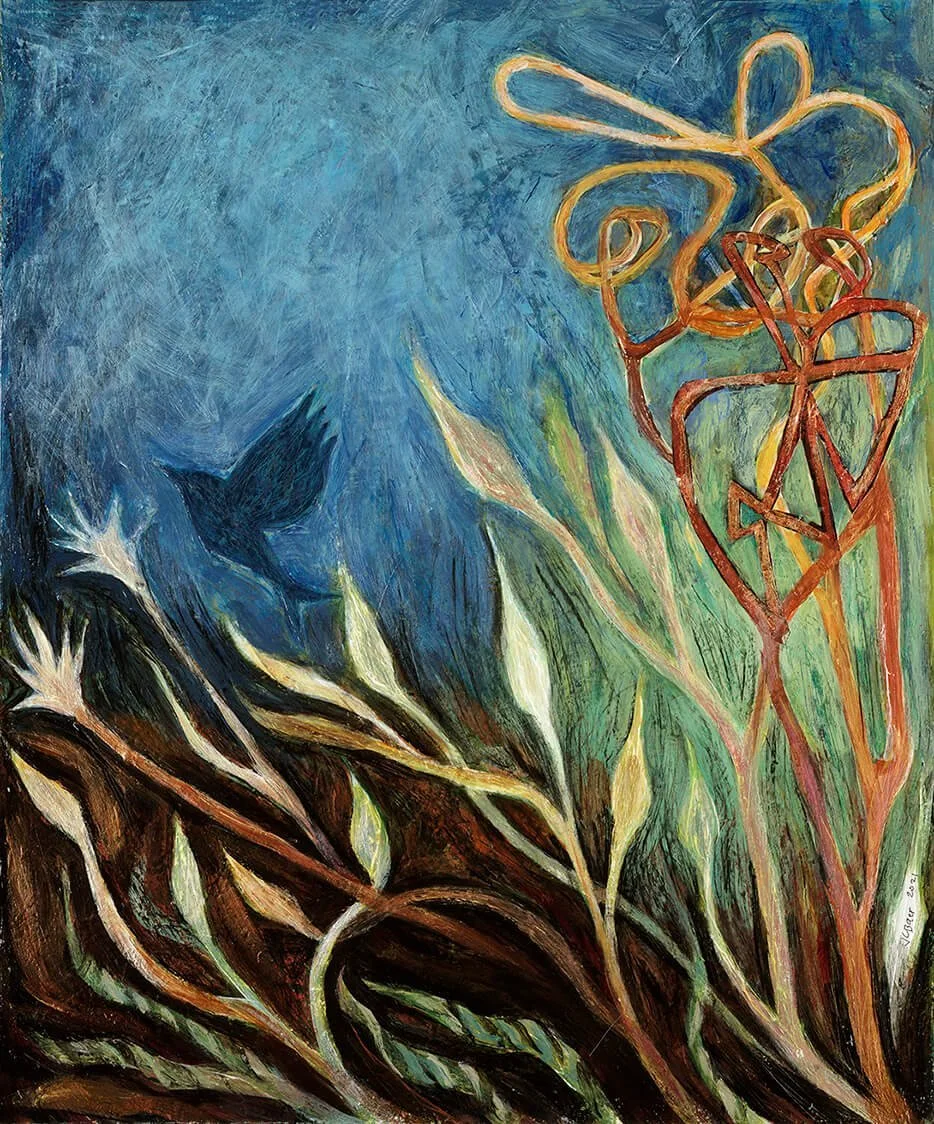 Julie C Baer. Imprint of a Bird in the Sky. Acrylic & collage on paper. 20 x 25.5 inches.
