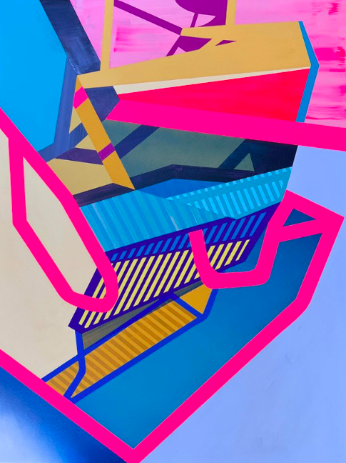 Jennifer Small. Bike Rack and a Seat at the Kitchen Counter. Acrylic &amp; spray paint on canvas. 32” x 24”