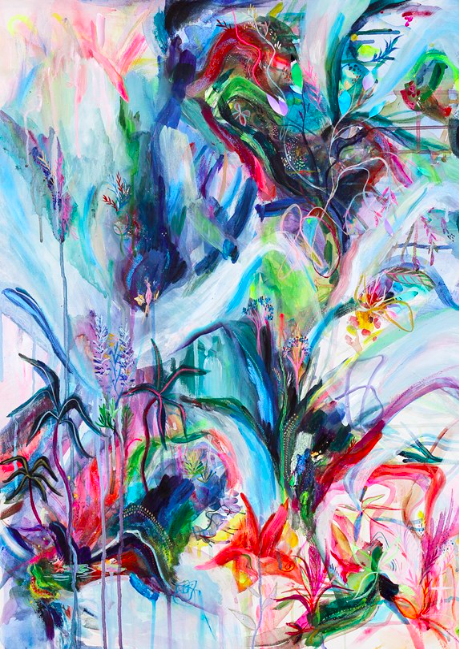 Kim Tateo. Everything and Nothing. Acrylic paint, blacklight-responsive paint, pastels, glitter &amp; Posco pens. 24” x 18”