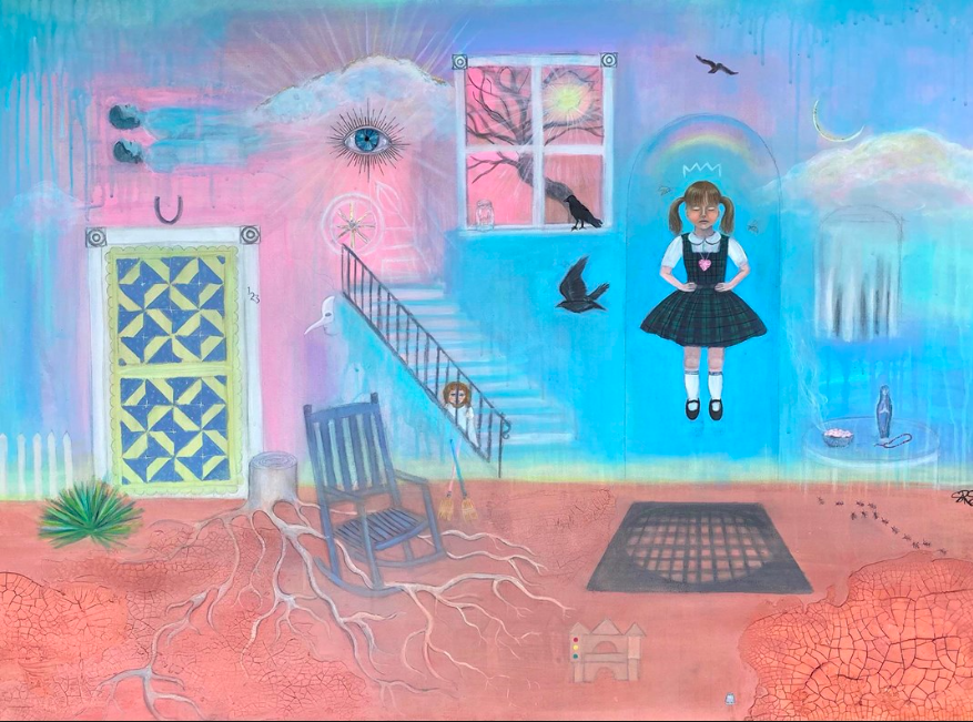 Sarah Renzi Sanders. Ma's House. Mixed media acrylic, graphite, embroidery thread &amp; gold leaf on canvas. 30” x 40”