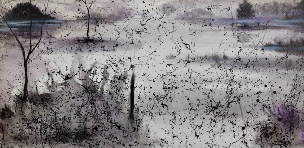 Diane Zizka. Untitled 1. Oil &amp; mixed media on canvas board. 15" x 30"