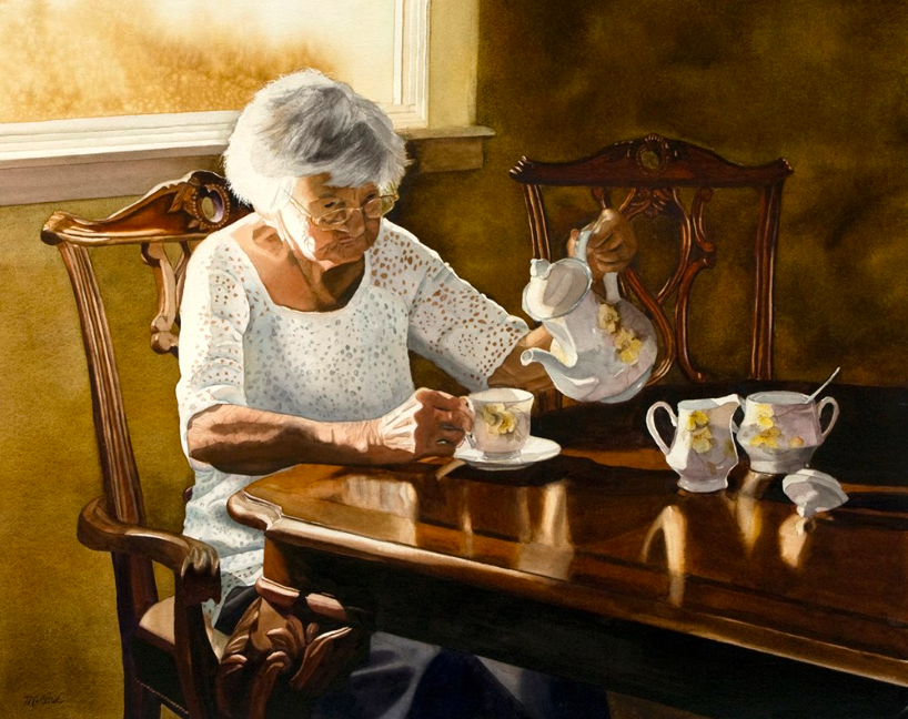 Linda McCord. Service for One. Watercolor. 20” x 25”