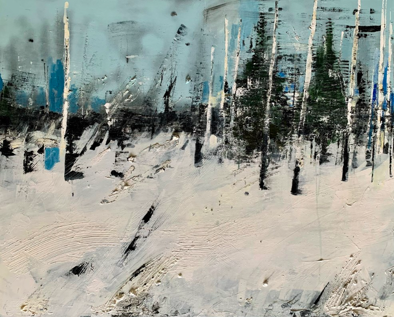 Linda Williams. Vinterskog. Acrylic &amp; mixed media on canvas. 31.5 x 78.3 in.