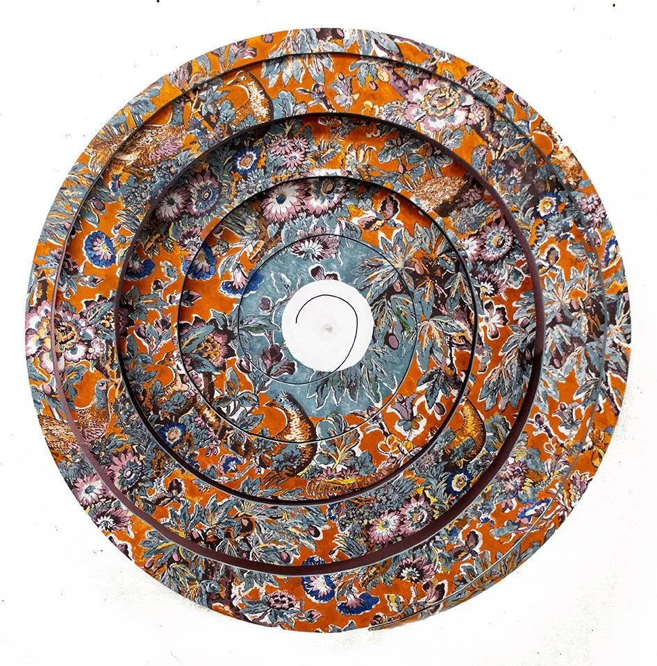 Saloni Shah. Chintz to Chintzy. Screen print &amp; painting on wood spiral. 28 x 28 x 6 inches.