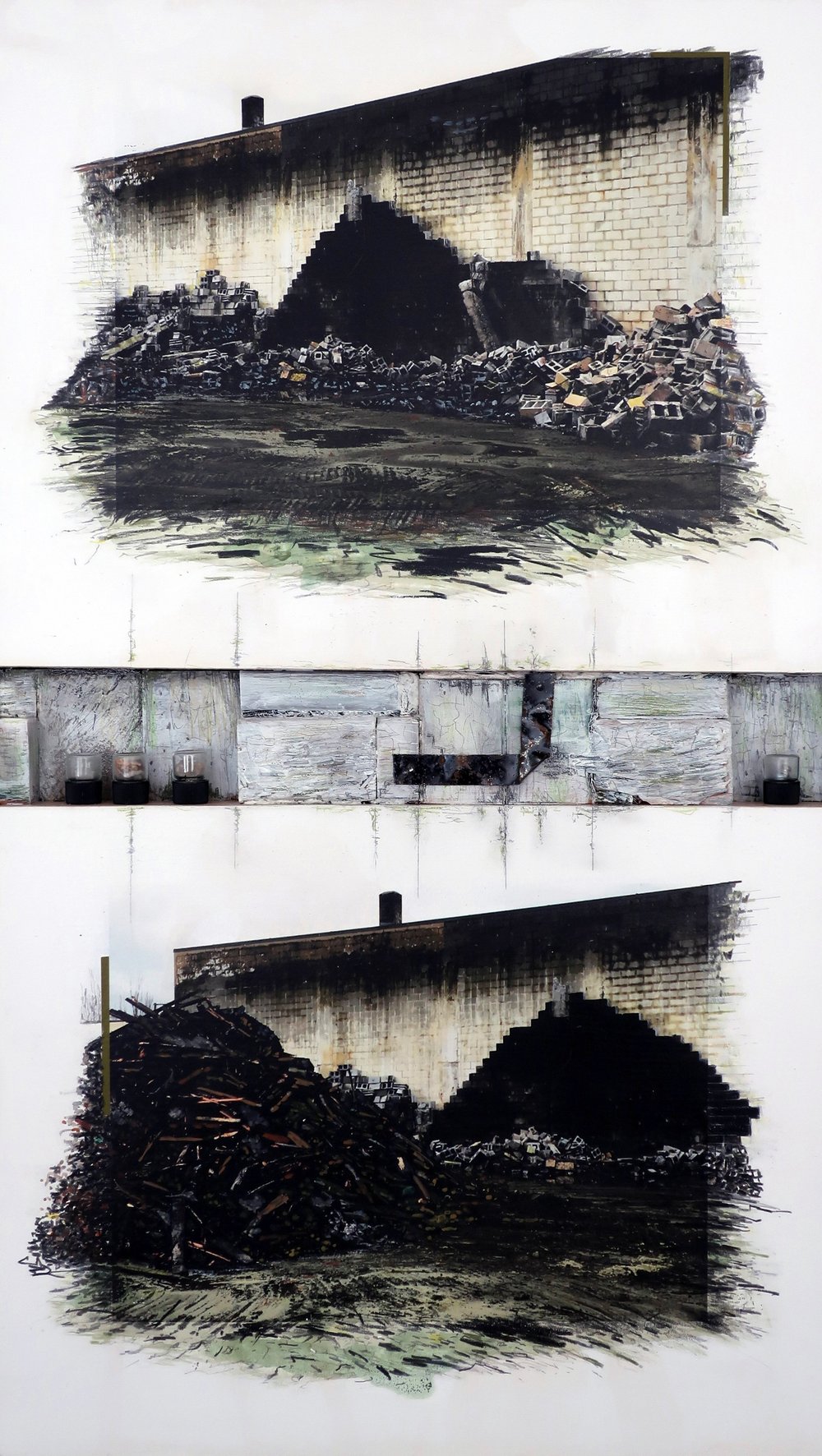 Shirley Wiebe. Pyramid for a Day. Photo-based mixed media, found objects on paper on panel. 20 x 12 inches.