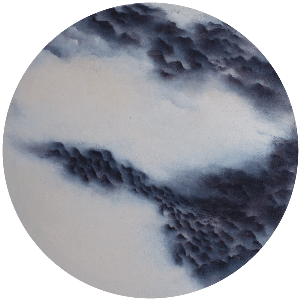 Francesca Borgo. Something in the Wind. Acrylics &amp; sand on canvas. 35.4 inch diameter.