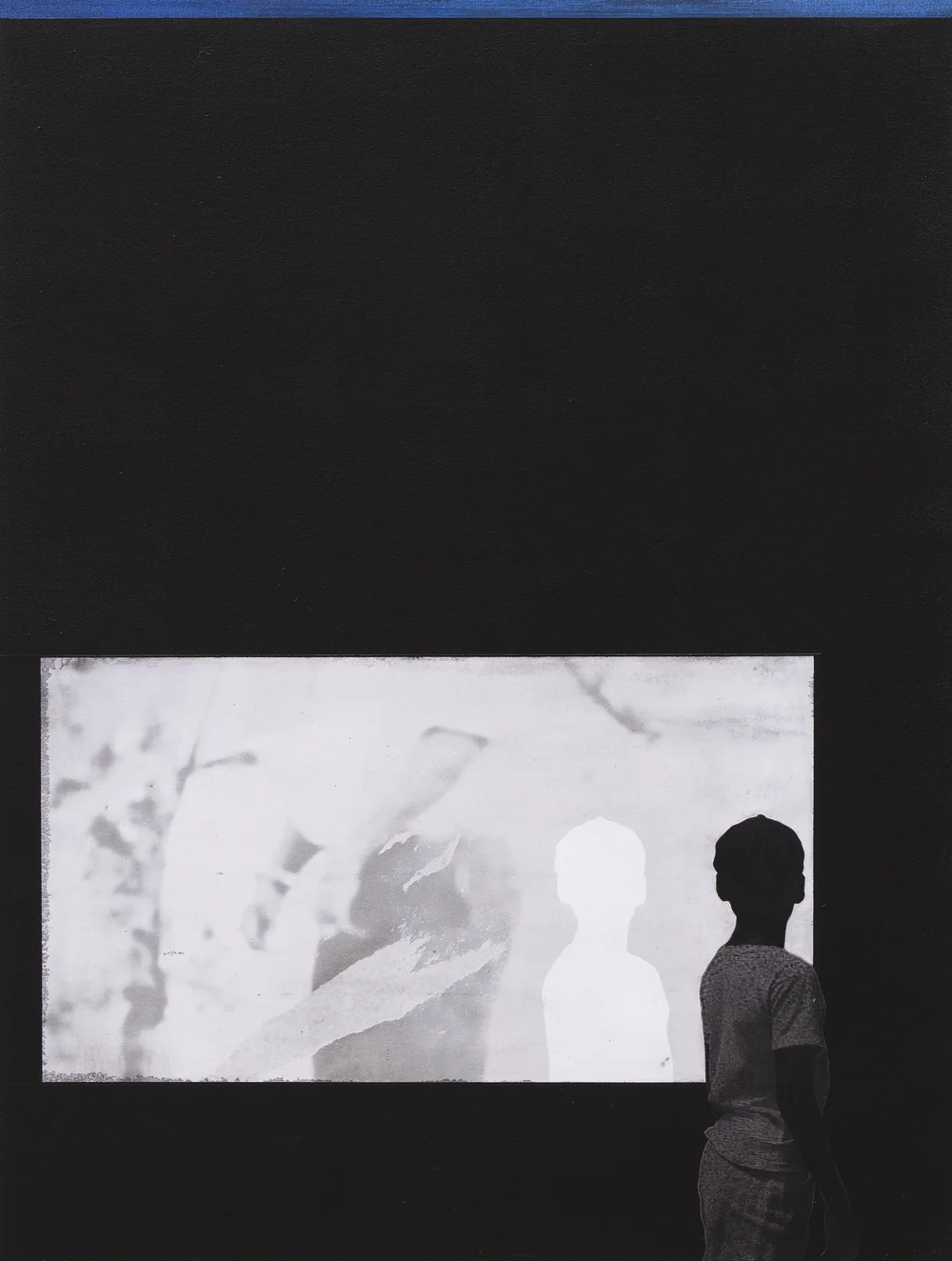 McKinley Wallace. We Are All Born Free. Acrylic, charcoal, digital print &amp; graphite on canvas on wood panel. 48 x 36 inches.