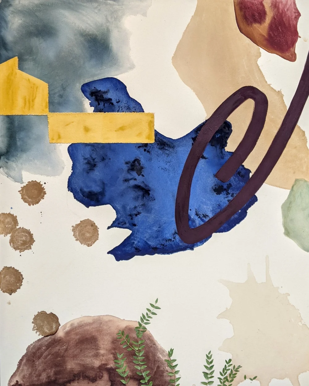 Nicole Young. Where Did We Come From. Botanical inks, plants, textiles &amp; acrylic on canvas. 60 x 48 inches.