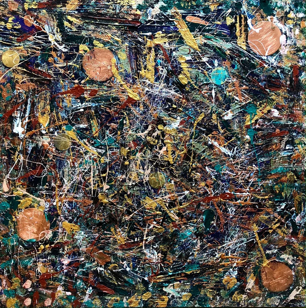 Geraldina Khatchikian. Energy Recovery. Painted with artist’s hands. Black modeling paste, acrylic colors &amp; engraved circular sheets of copper &amp; brass. 35.4 x 35.4 in.