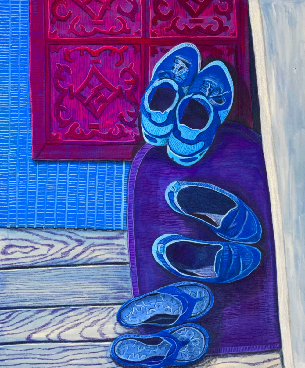 Seasons (Three Women), flashe, gesso, gouache and colouring pencil on masonite, 20” x 24”