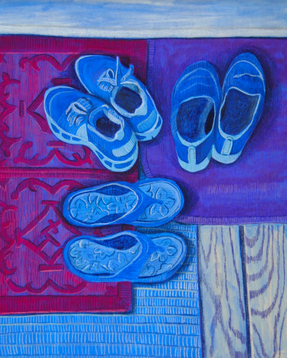 Growing Together (Three Women), flashe, gesso, gouache and colouring pencil on masonite, 20” x 24”