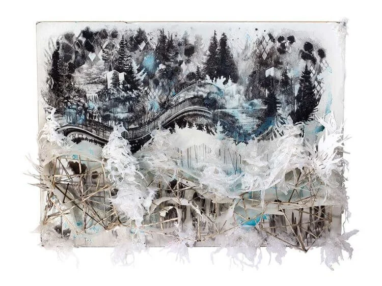 “fuzzy hold on the cycle with no mouth to name” sumi ink on porcelain coated steel with found plastic bags, hosta, blackberry lily seed, paper, and acrylic