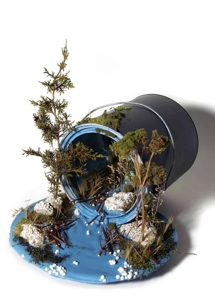 “Capture 3” acrylic paint, juniper, paint can, paper, pencil, pine needles, moss, sedum, sponge, and found styrofoam