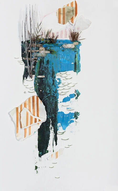 “Scrape 2” acrylic, and organic matter on paper