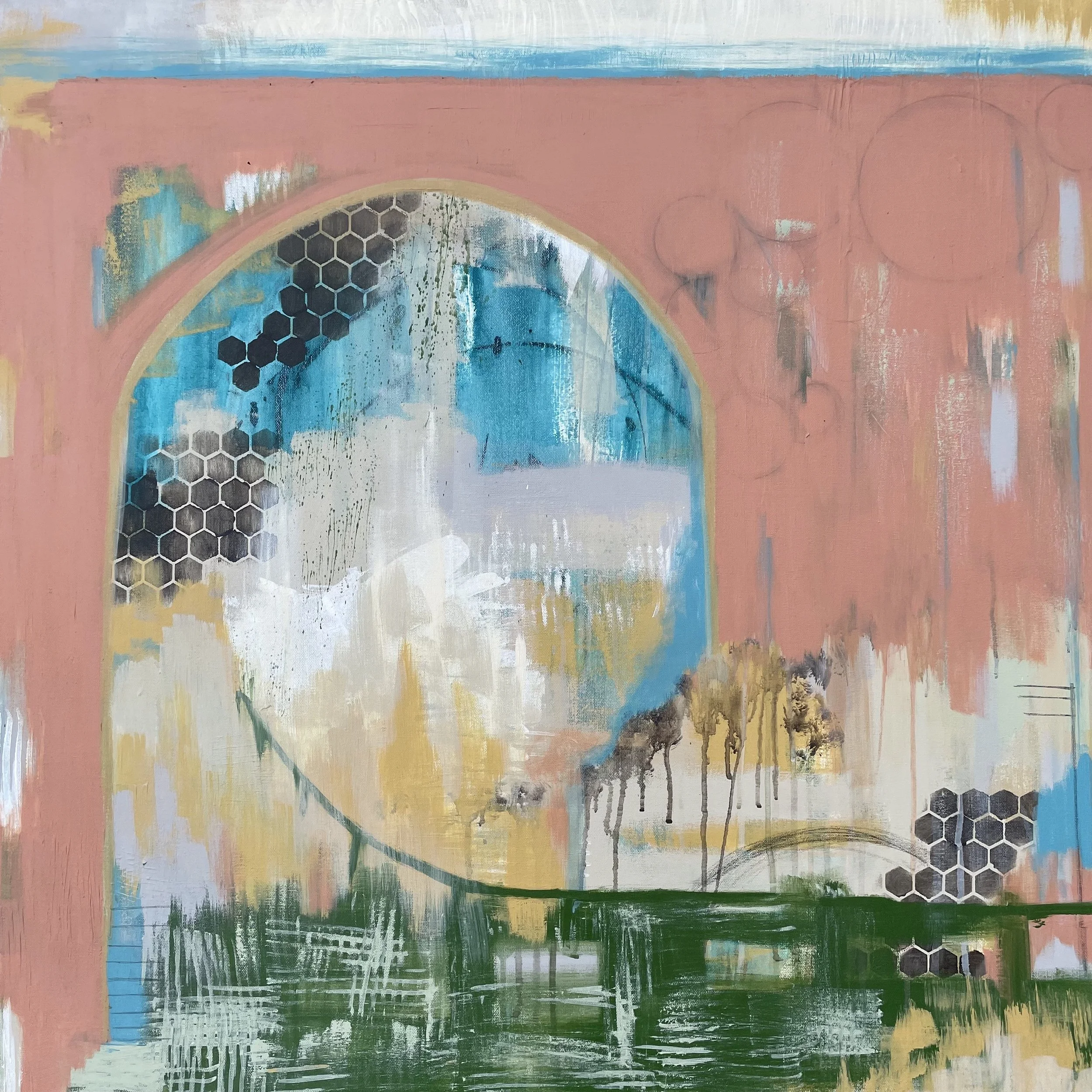 Not Sure Which Bridge, But It’s Next, acrylic paint, oil pastels, & graphite on canvas, 36 x 36 in.