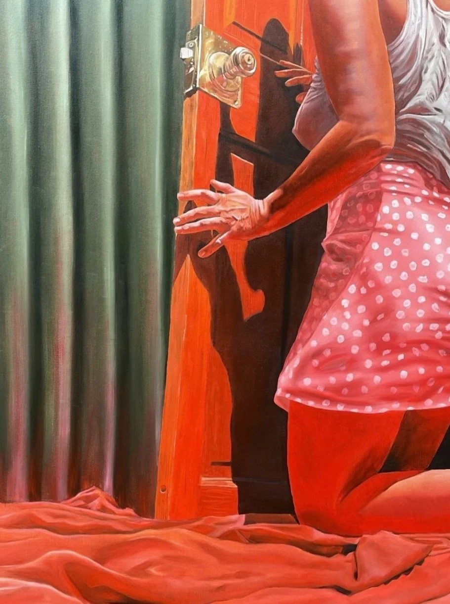 Behind closed doors, 2023, oil on canvas, 22 x 40 inches.