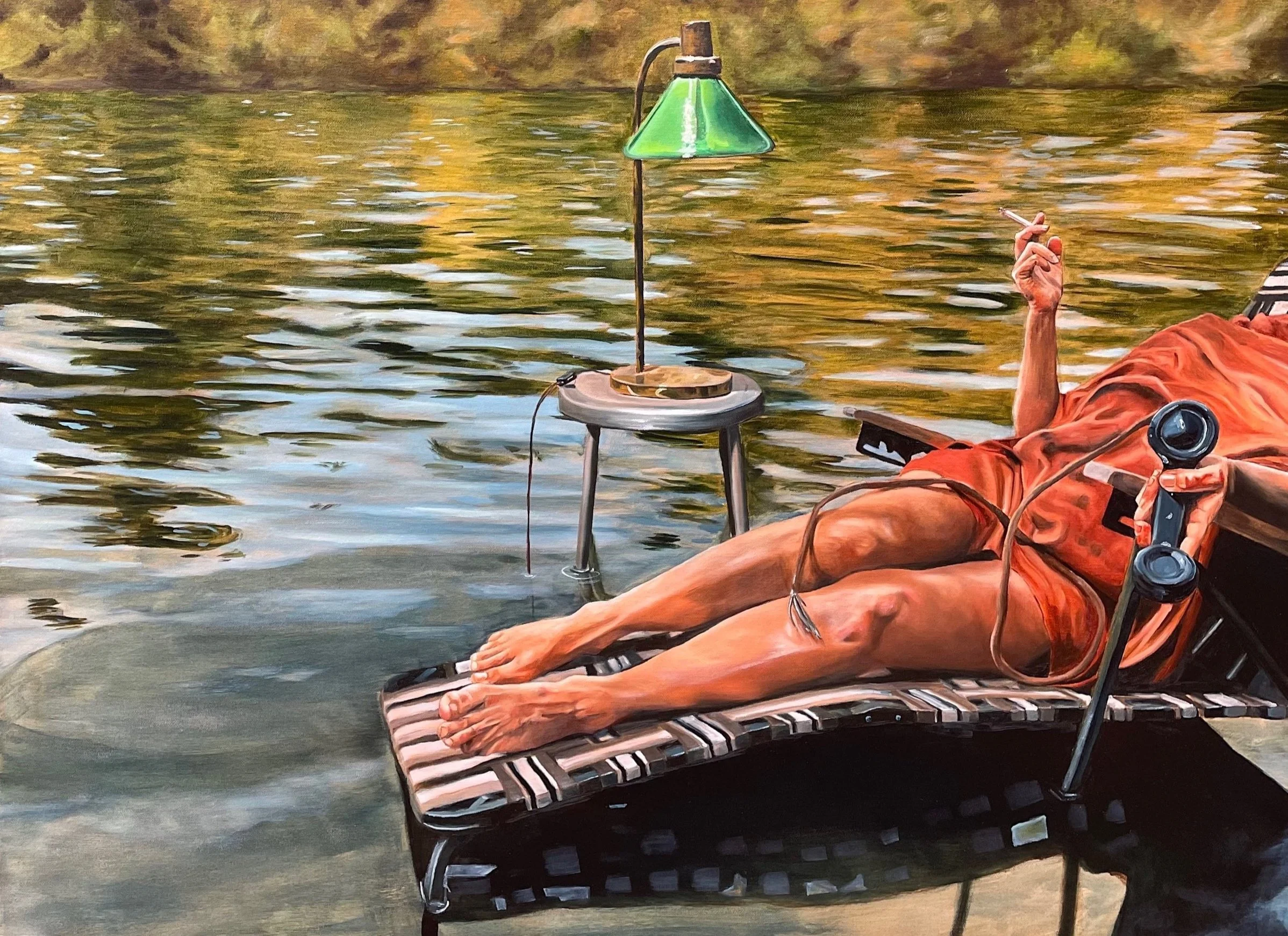 On hold, 2023, oil on canvas, 22 x 4o inches.