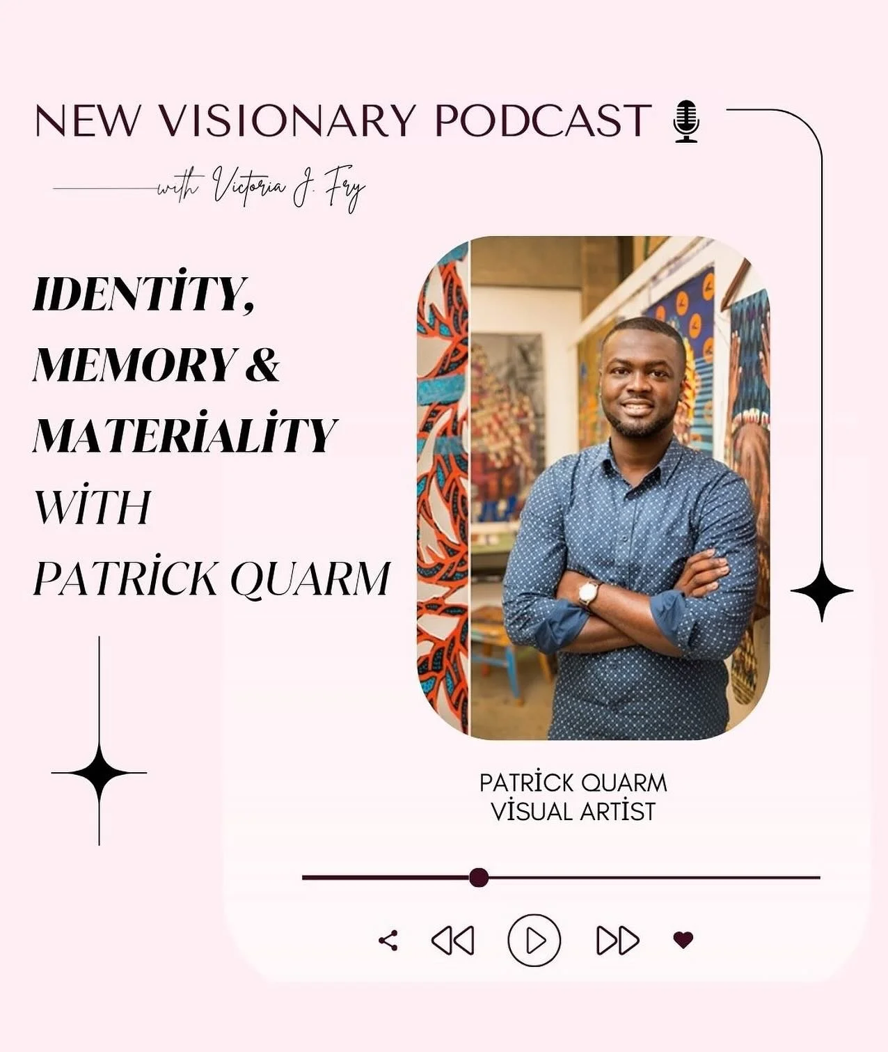 New podcast episode! 🎙️✨ This week, Victoria is joined by Ghanaian mixed-media artist Patrick Quarm, whose dynamic practice explores identity, cultural hybridity, and the spaces we occupy between worlds.

Together, they dive into how migration, memo