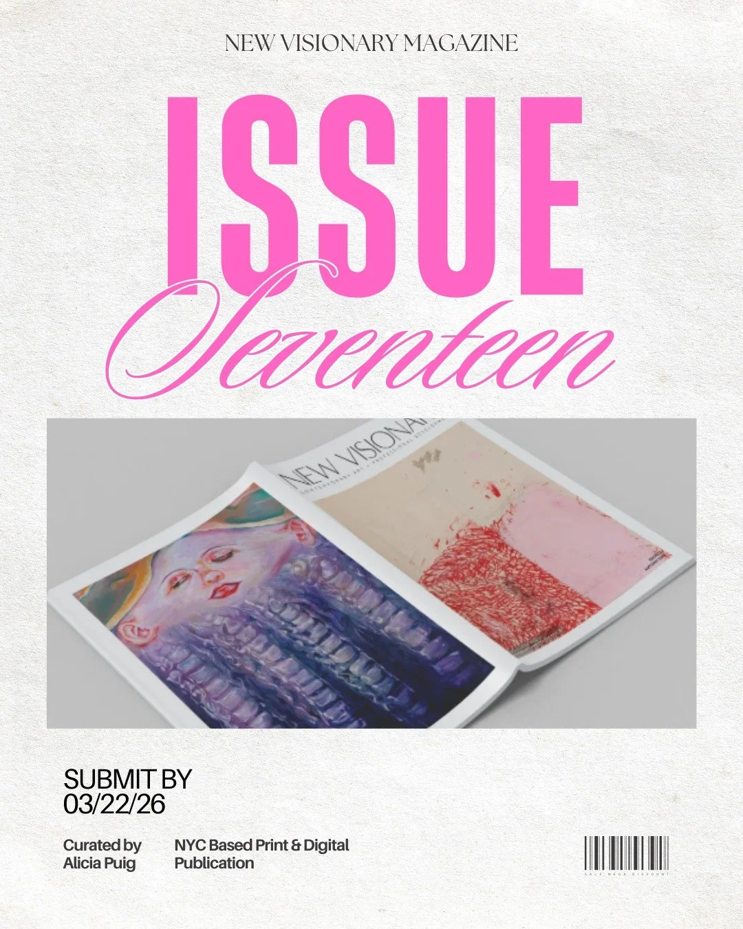 The deadline for Issue 17 of New Visionary Magazine has been extended! 📚 ✨

💫Comment "555" for the link to apply!

Submissions are open and we&rsquo;re thrilled to share that this issue will be curated by Alicia Puig, curator and co-found