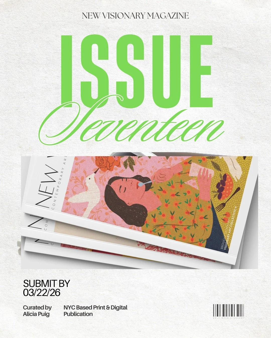 The deadline for Issue 17 of New Visionary Magazine has been extended! 📚 ✨

Comment "555" for the link to apply!

Submissions are open and we&rsquo;re thrilled to share that this issue will be curated by Alicia Puig, curator and co-founder