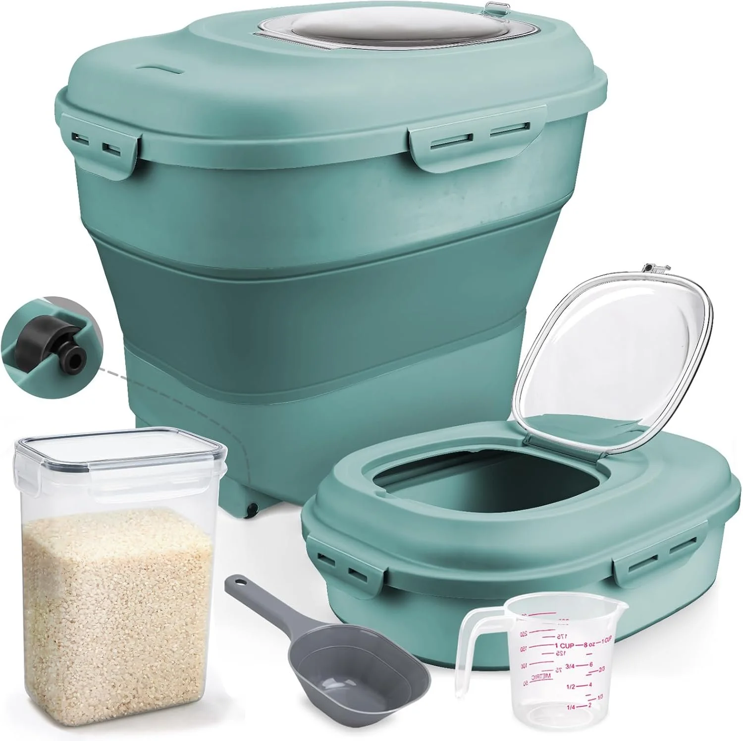 A teal-colored electric rice cooker with its lid open, showing the inner pot. Surrounding the rice cooker are a container of rice, a measuring cup, a small scoop, and other kitchen accessories.