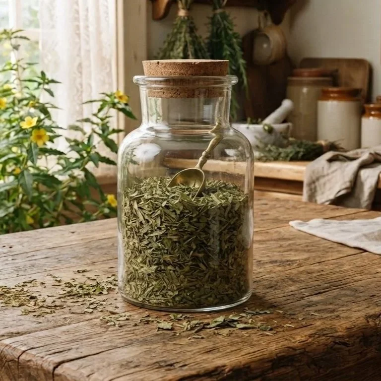 A glass jar filled with dried herbs and a small metal spoon inside, sitting on a rustic wooden table in a cozy kitchen.