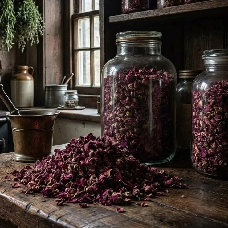 Dried rosebuds in glass jars on a rustic wooden table near a window in a cozy kitchen or pantry.
