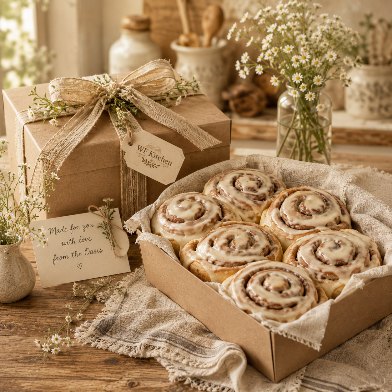 A box of six cinnamon rolls covered with white icing on a linen napkin, with a small note reading "Made for you with love from the Oasis," decorated with daisies, next to a gift box wrapped with a beige ribbon and a tag that says "WF Kitchen"; in the background, a jar of daisies and a vase of daisies, all on a rustic wooden table.