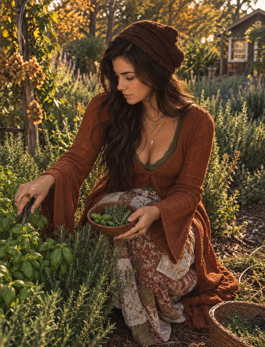 A woman wearing a brown sweater and patterned skirt, kneeling in a garden during sunset, holding a bowl of herbs and tending to plants.
