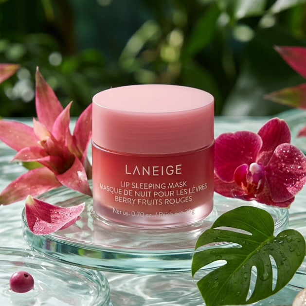 A pink jar of Laneige Lip Sleeping Mask with a pink lid, surrounded by pink flowers and green leaves on a glass surface in a natural outdoor setting.